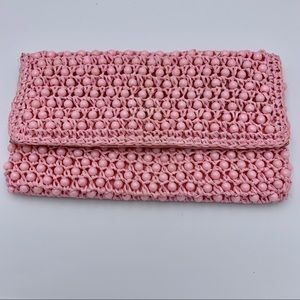 Vintage Pink Beaded Raffia Clutch Purse Handbag